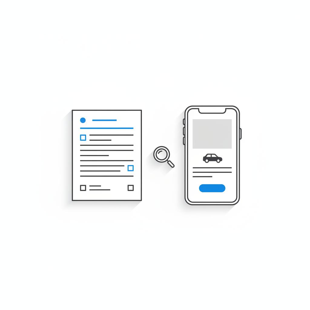 Minimal 2D vector of a vehicle history report printout beside a smartphone listing page conveying verification and research toyota rav 4 hybrid for sale
