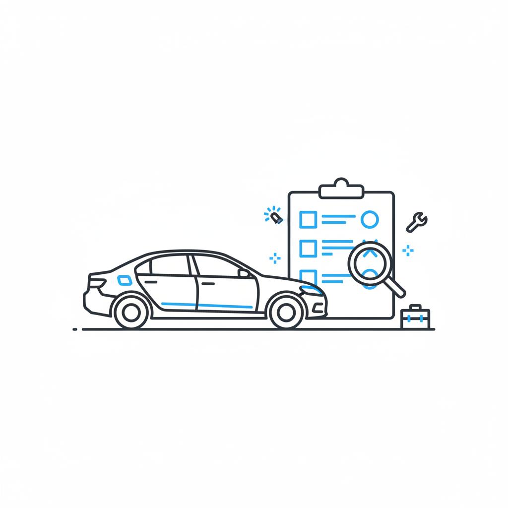 Minimal vector illustration of a sedan inspection with a maintenance log showing stamped service marks and a magnifying glass indicating cross check hondas near me