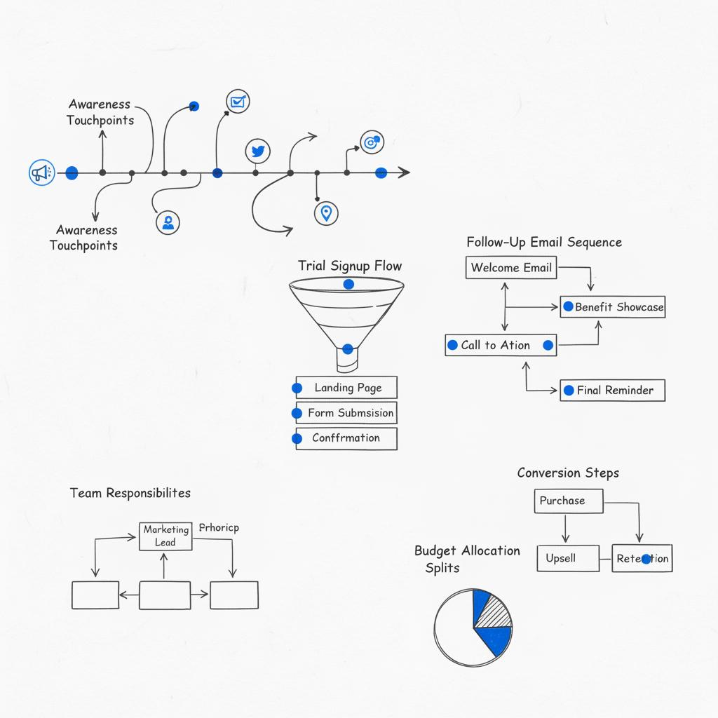 Notebook-style hand-drawn customer journey map showing awareness touchpoints, trial signup, follow-up email sequence and conversion for facebook targeting small businesses
