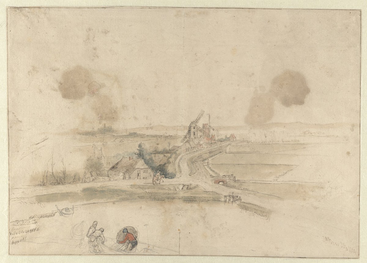 Landscape with Houses and Two Windmills along a Road with Three Fishermen in the