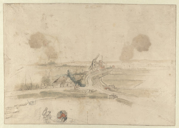 Landscape with Houses and Two Windmills along a Road with Three Fishermen in the