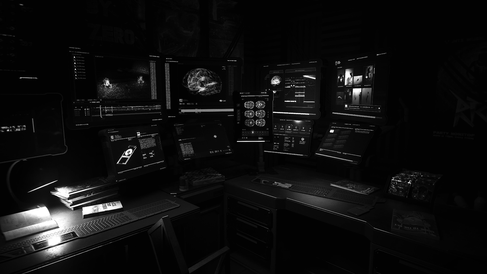 Dark Futuristic Hacker Workstation Setup - 3D Digital Art 4K Wallpaper (3840x2160)