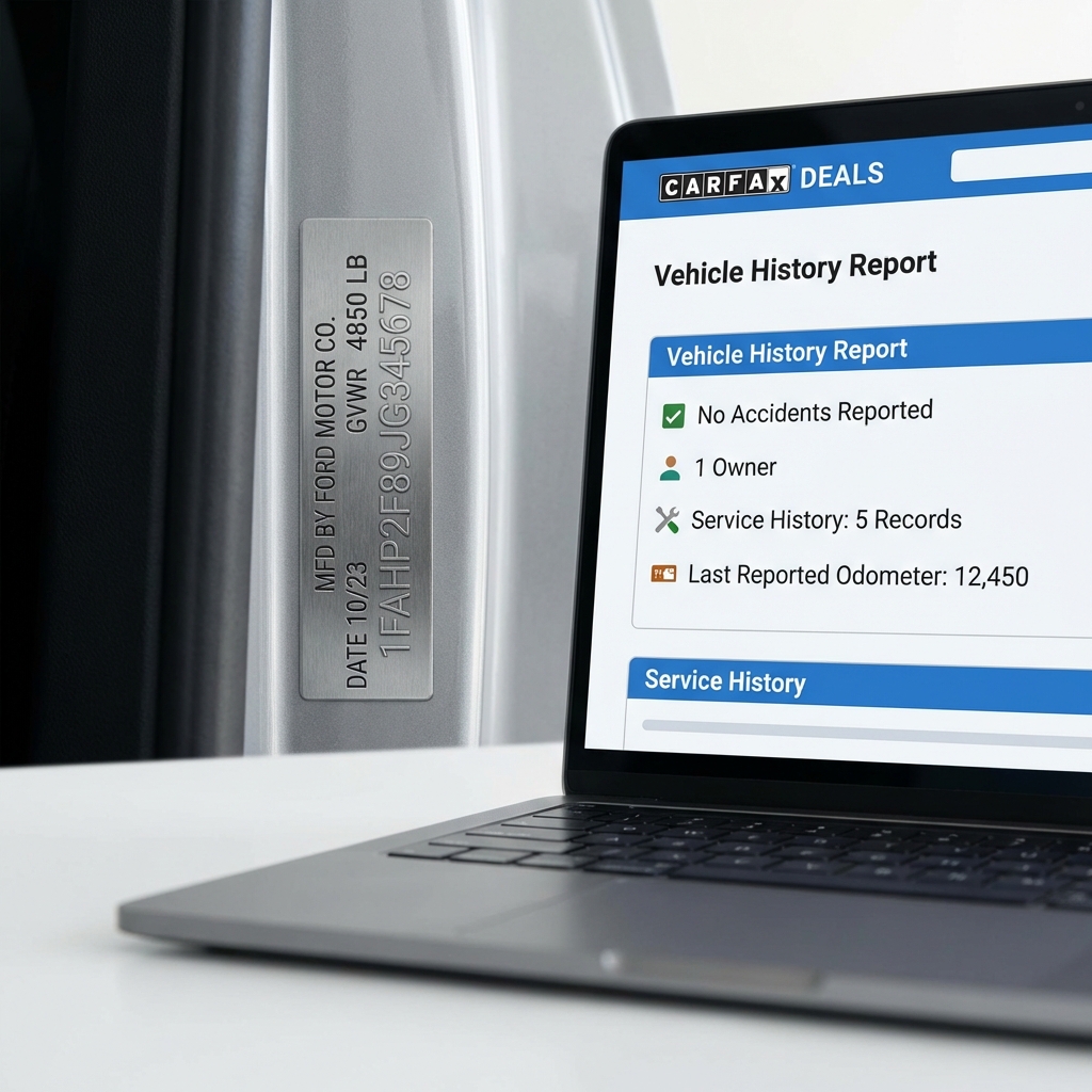 Close up of VIN plate next to laptop showing vehicle history report for mercedes for sale on clean white CarFax Deals background
