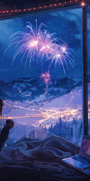 Snowy Night Fireworks View 4K Wallpaper Background