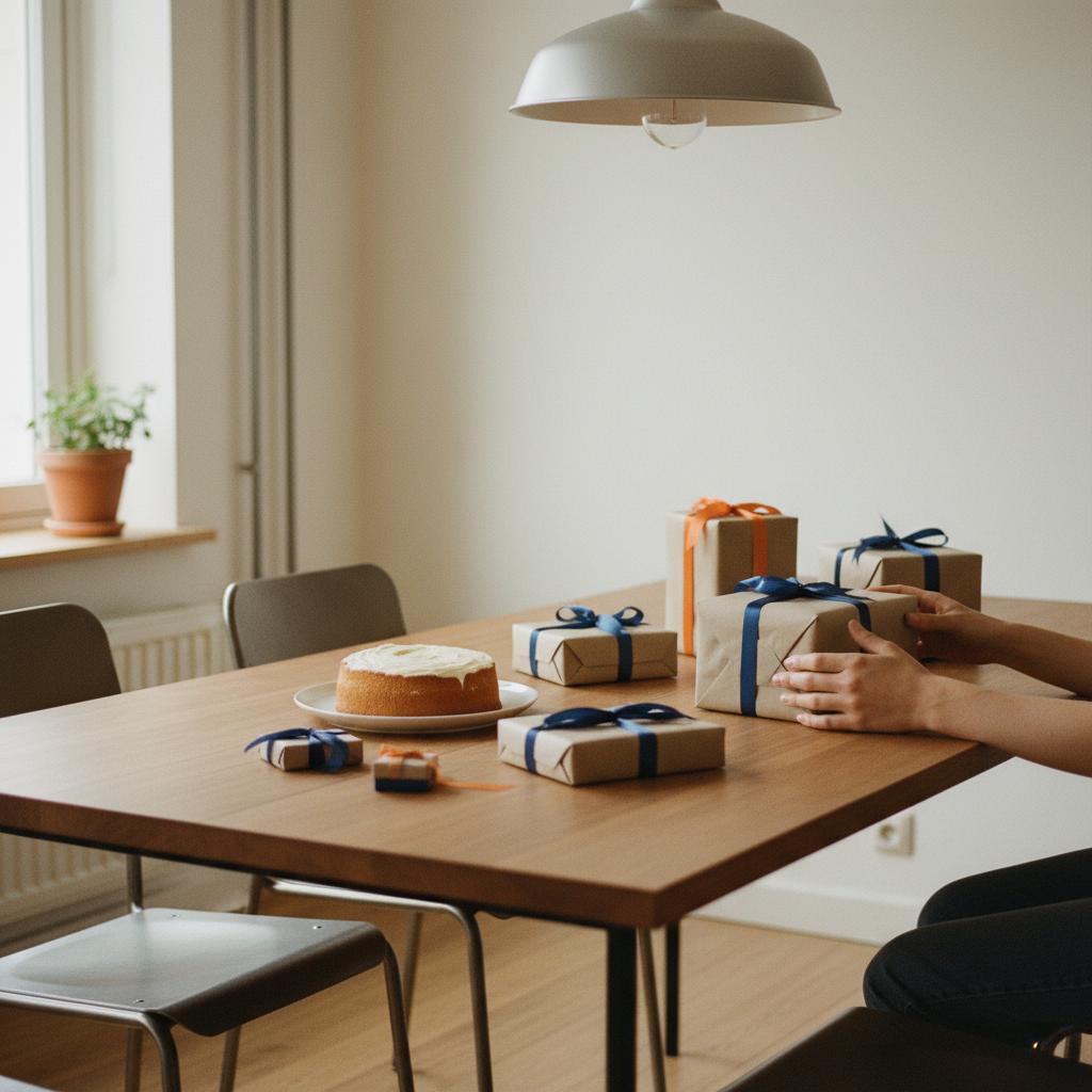 Was kann ich einem Gamer schenken? Intime Esstisch-Szene mit mehreren verpackten Geschenken, kleinem Vanillekuchen, warmem Licht und industriellen Holz‑Metall‑Details.