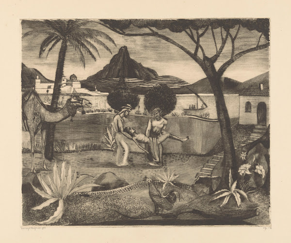 Twee mannen die in een tuin een man dragen 1923