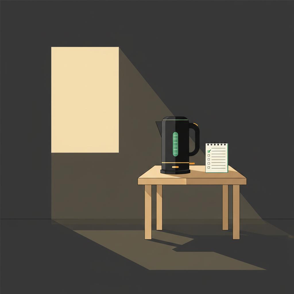 Minimalist 2D vector of a morning home interior with kettle window and notepad showing priorities blank lines no text subtle brand colors how much is crypto worth today
