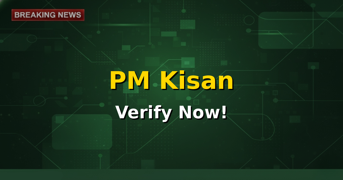 Illustration of a farmer checking PM Kisan status on a mobile phone with a digital verification icon and rupee symbols.