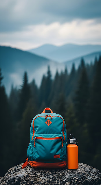 Teal Backpack and Flask on Rock with Misty Mountain Forest - Free mobile Wallpaper