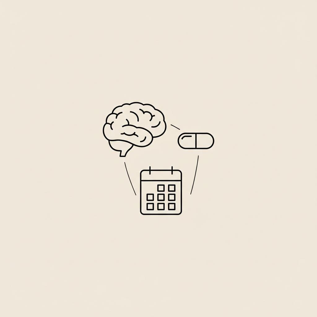 Minimalist Tonum-style vector illustration of a brain, capsule, and calendar connected by thin lines on beige background, referencing early-onset Alzheimer's life expectancy