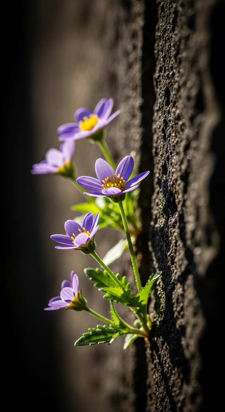 Small Purple Flowers Sprouting from a Dark Stone Wall - Free 4K mobile Wallpaper