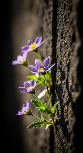 Small Purple Flowers Sprouting from a Dark Stone Wall