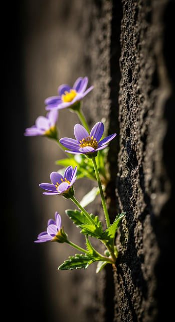 Small Purple Flowers Sprouting from a Dark Stone Wall