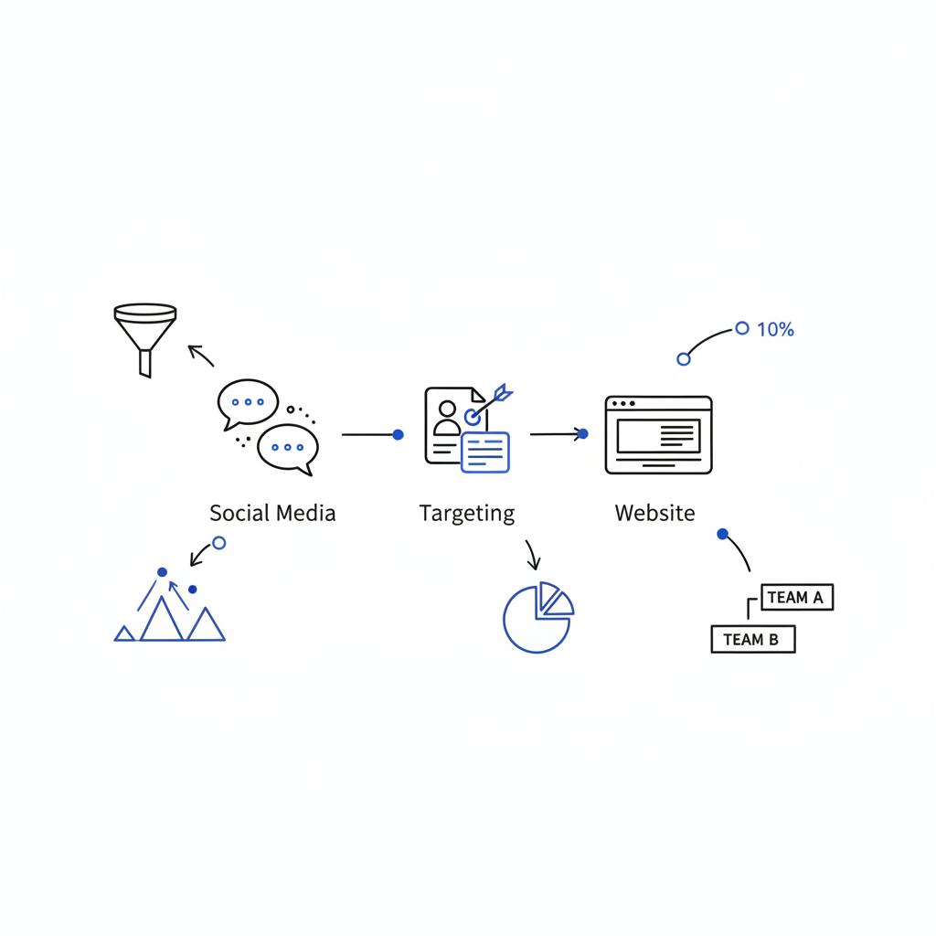 Minimalist vector notebook sketch showing Twitter conversation flowing to LinkedIn capture and then to a website, illustrating Twitter B2B marketing