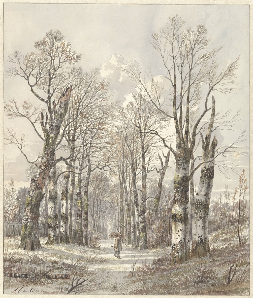 Winterlandschap met houtsprokkelaar op bospad 1813   1856