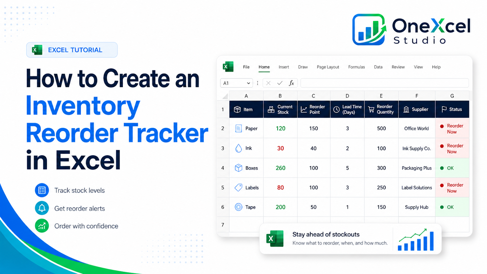 Excel inventory reorder tracker with stock levels, reorder points, and recommended quantities