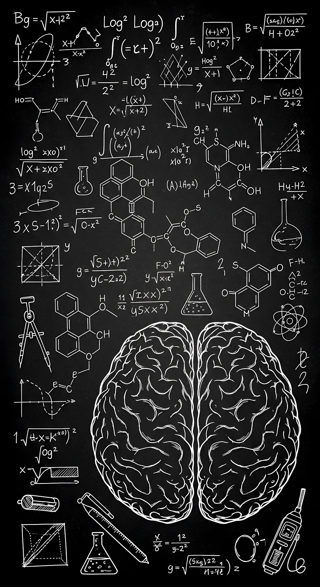 Black and White Science Doodle of Brain and Formulas on Chalkboard - Free 4K mobile Wallpaper