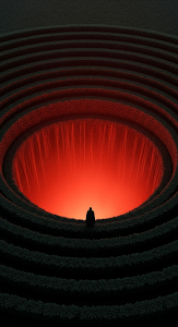 Solitary Figure at the Edge of a Giant Chasm Filled with Red Glowing Light