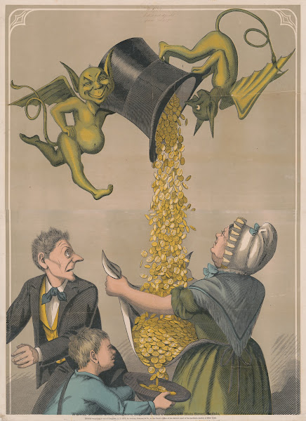 Devils pouring gold coins from hat into womans apron and boys hat 1870
