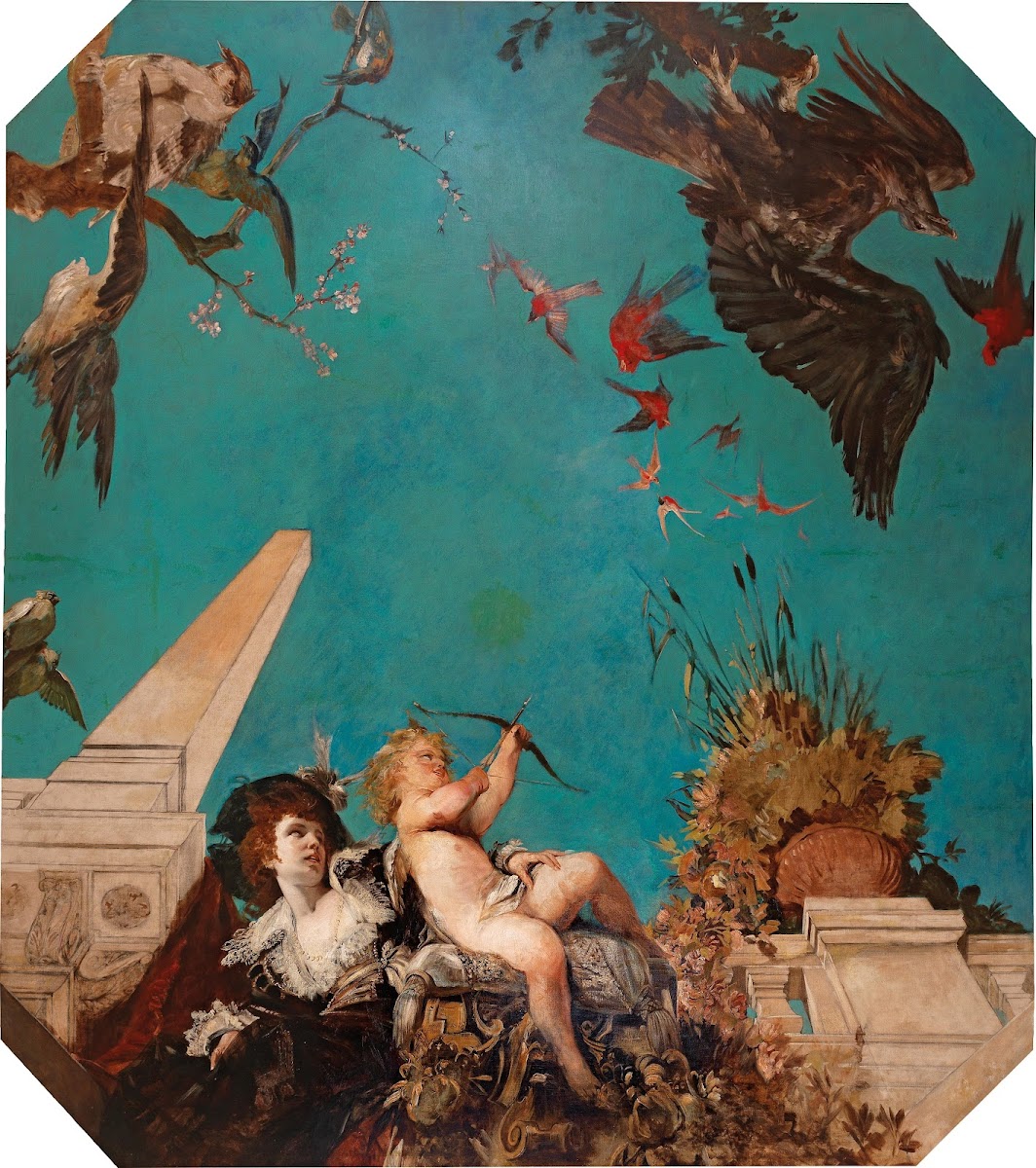 A Ceiling Painting Society Lady With Cupid In A Garden Landscape C 1877