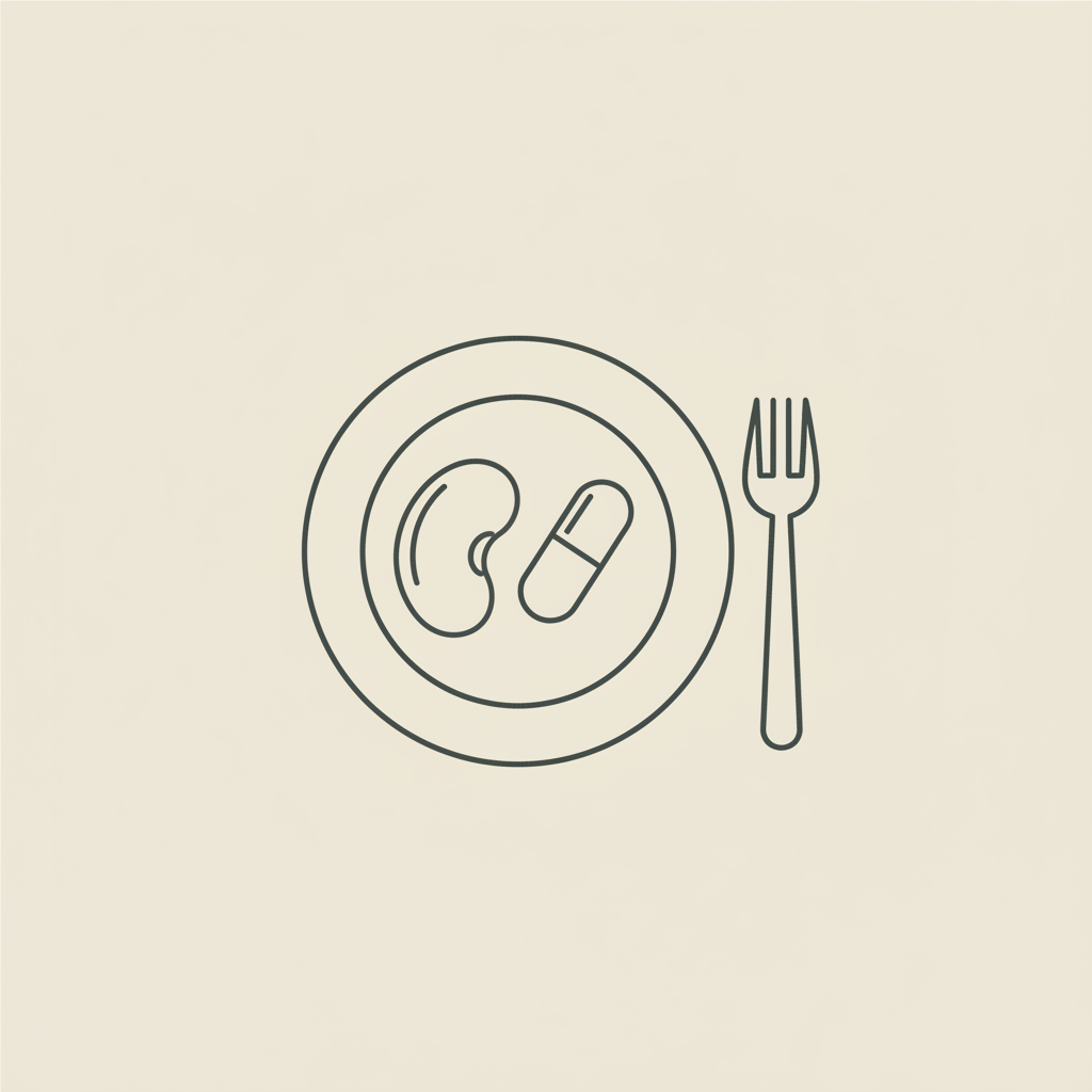Minimalist line illustration of a plate with a fork, stylized kidney bean and capsule on beige background, representing carb blockers keto