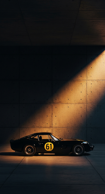 Cinematic Dark Photograph of a Classic Black Sports Car in a Concrete Tunnel with Harsh Sunlight