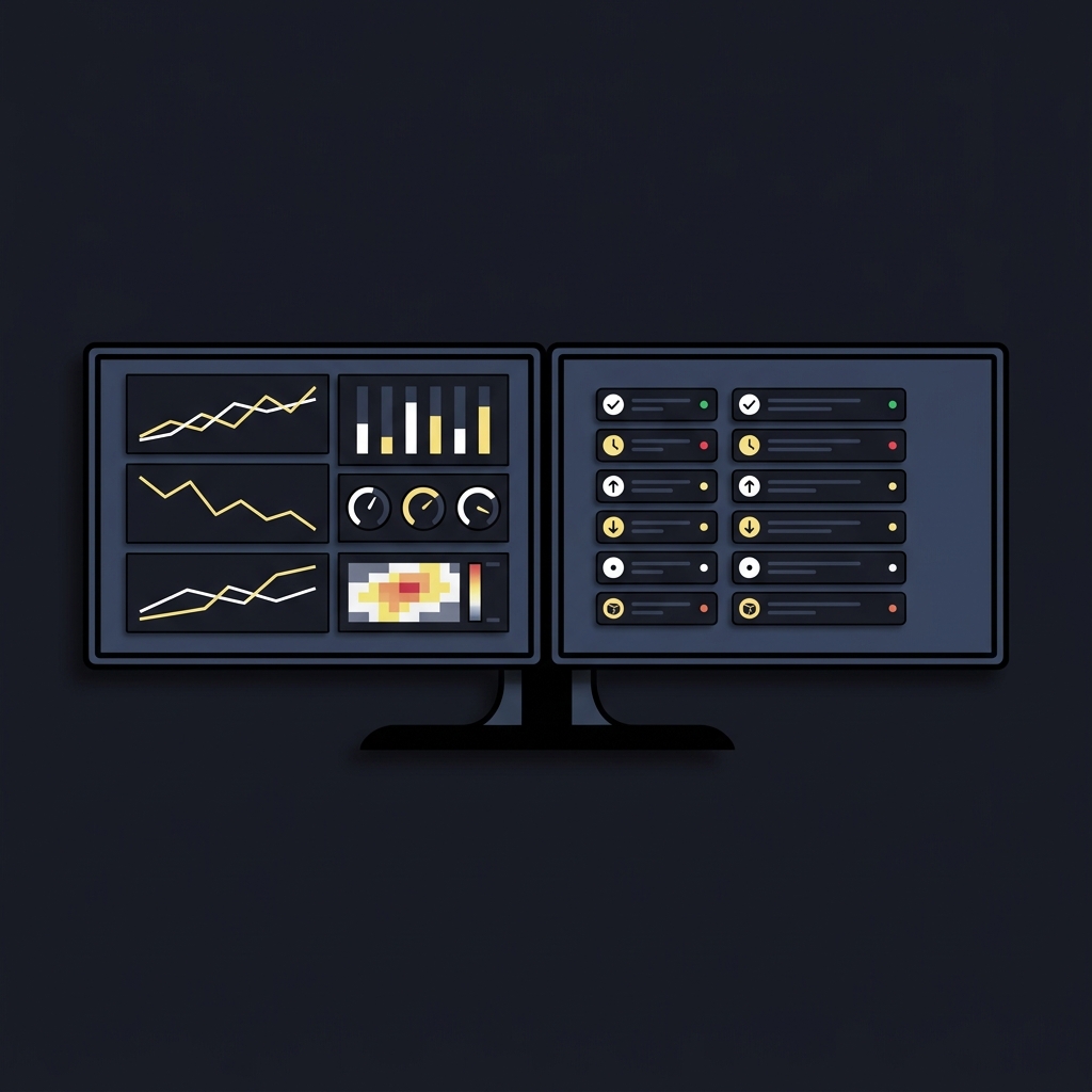 Minimalist 2D vector two screen trading setup showing a live metrics dashboard and compact action log in Funded Plays brand colors Should You Trade Differently Near the End of a Challenge