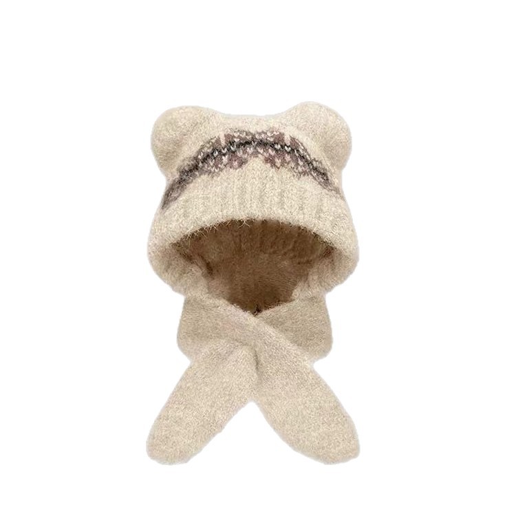 Strickmütze mit Schal, Bären-Design, Damen, Winter