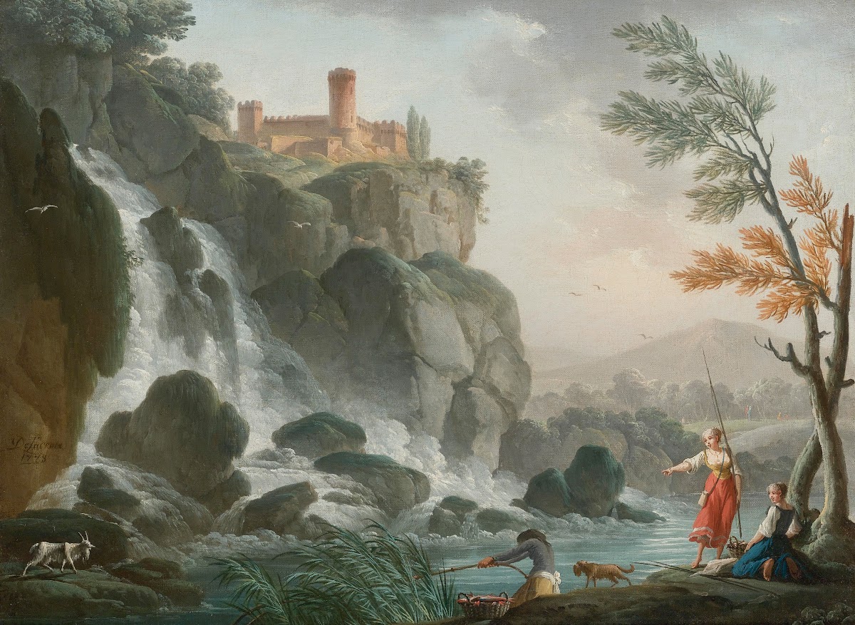 Fishing At The Edge Of A River With A Waterfall Below A Castle 1778