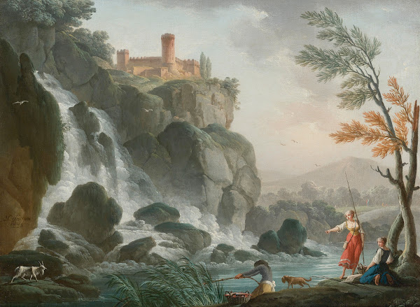 Fishing At The Edge Of A River With A Waterfall Below A Castle 1778