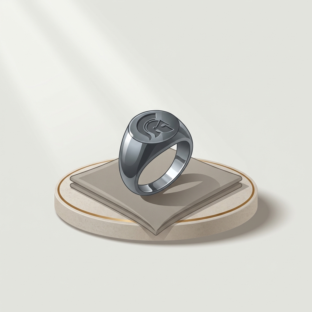Minimalist 2D vector of a hematite roman soldier ring on a low pedestal with shallow intaglio and soft natural light highlighting metal sheen on ede7da background