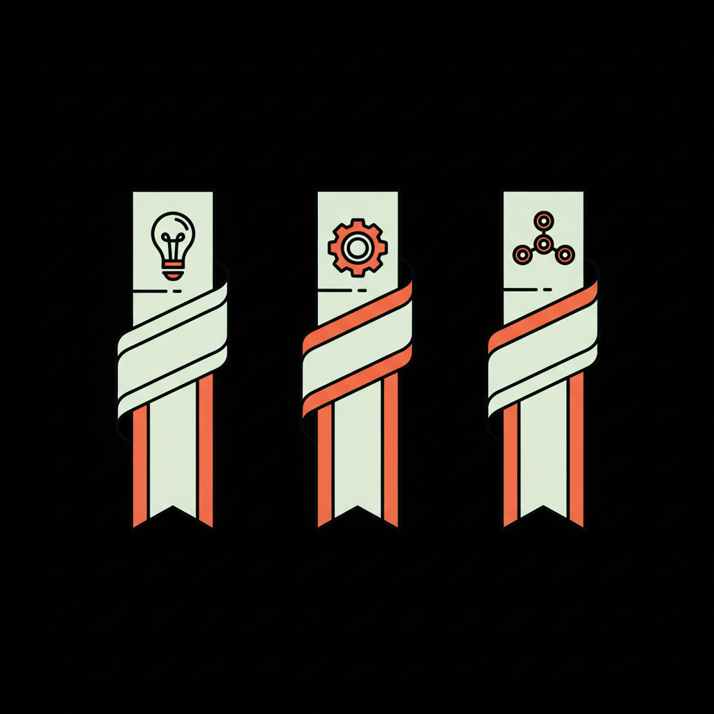 3 pastel ribbons with simple icons on black background representing clarity, production and community — blue tick increase reach on Instagram