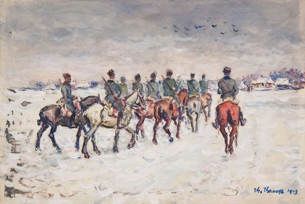 Oddział lekkiej jazdy zbliżający się do wsi 1943