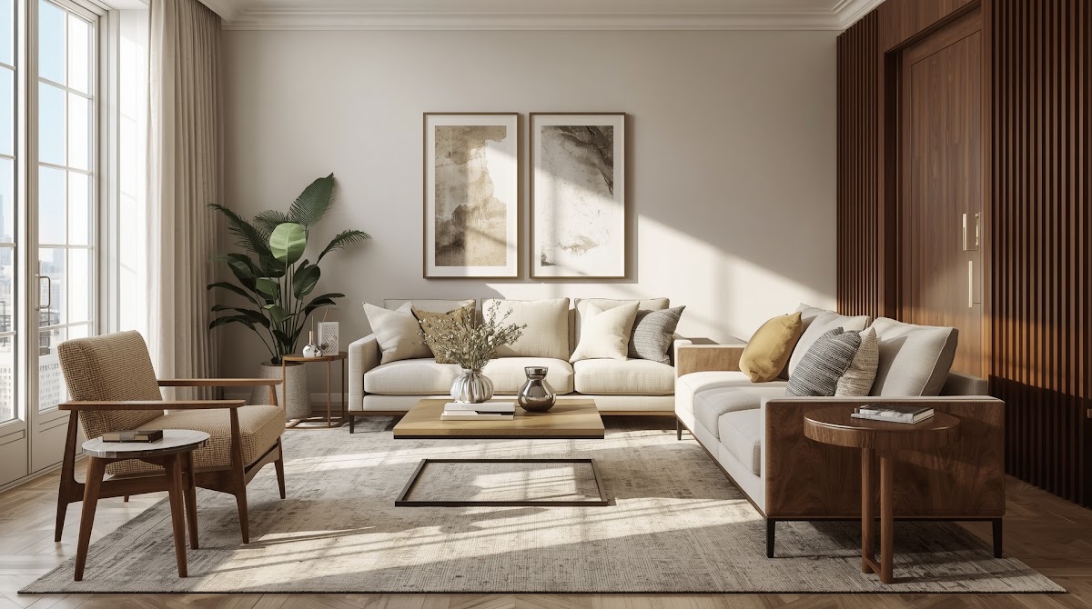 How to Balance Chrome and Walnut for a Warm Modern Living Room - chrome decorative objects arranged on a warm wood console