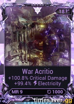 A Warframe Riven Mod card showing rolled bonus stats