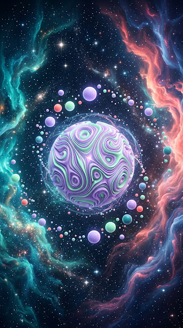 Surreal Cosmic Landscape with Lavender Orbs and Teal Nebulae - Free mobile Wallpaper