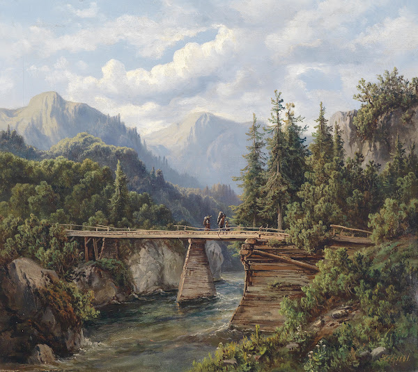 Holzbrücke über einem Gebirgsbach 1861