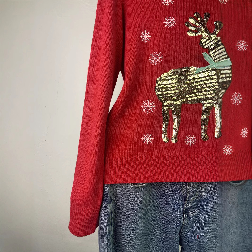 Women's Christmas Sweater with Reindeer Embroidery and Sequins