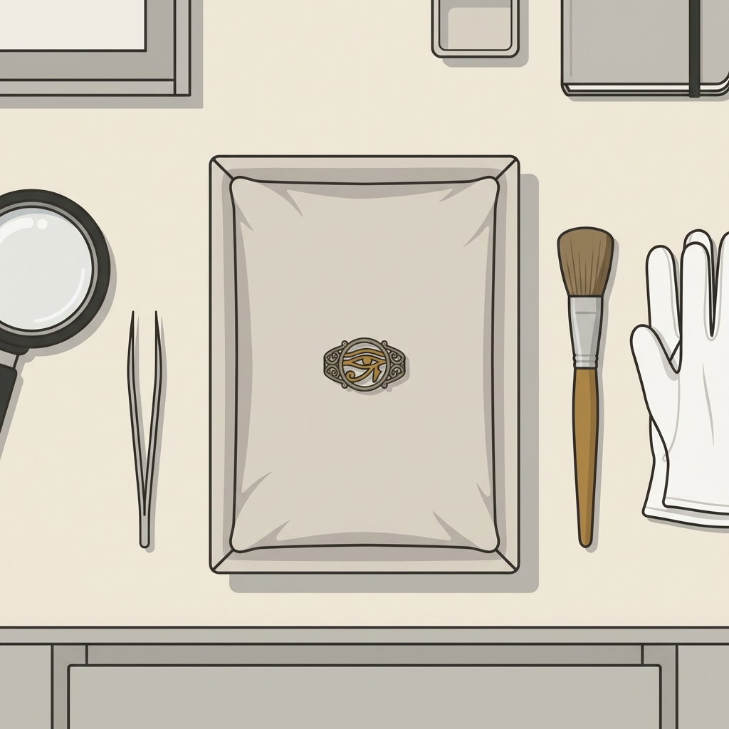 Minimal vector conservation workspace featuring an eye of horus nose ring on a padded archival tray with magnifier tweezers and folded archival gloves in Aurora Antiqua palette