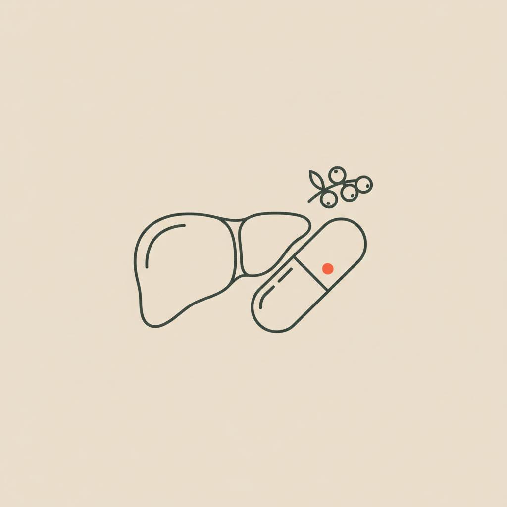 Minimal Tonum-style line illustration of a liver outline with a capsule and small barberry sprig on beige background, representing berberine liver toxicity