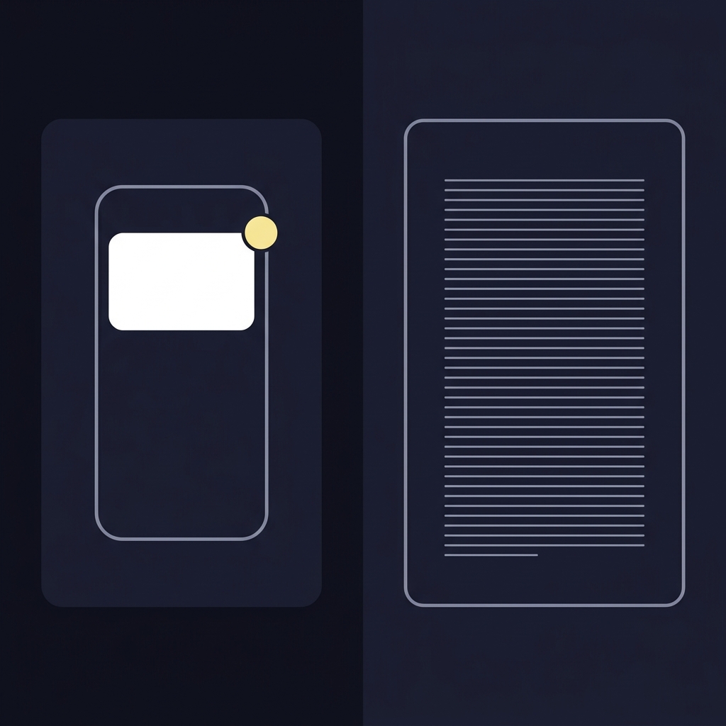Minimalist 2D vector split illustration of a mobile screen with a bold non readable headline block contrasted with dense small print lines representing headline versus detail best odds guaranteed