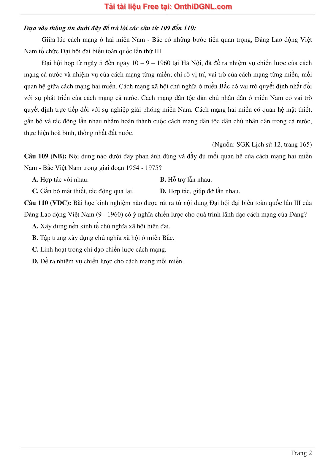 150 bài tập môn Sủ- Ôn thi ĐGNL ĐHQG HN Phần 15