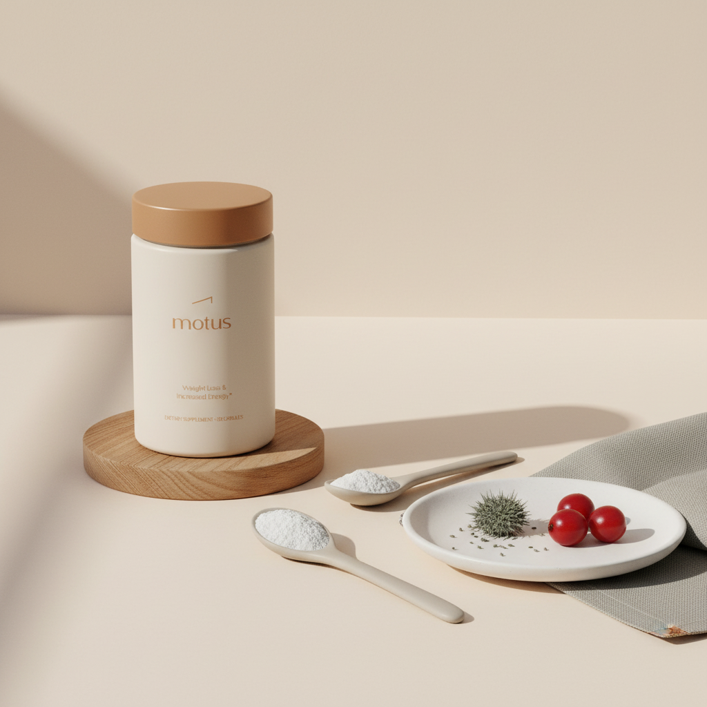 Motus supplement jar on a wooden pedestal with measured teaspoons of soluble fiber and a small plate of milk thistle and berries, minimalist Tonum styling, natural Ozempic alternatives