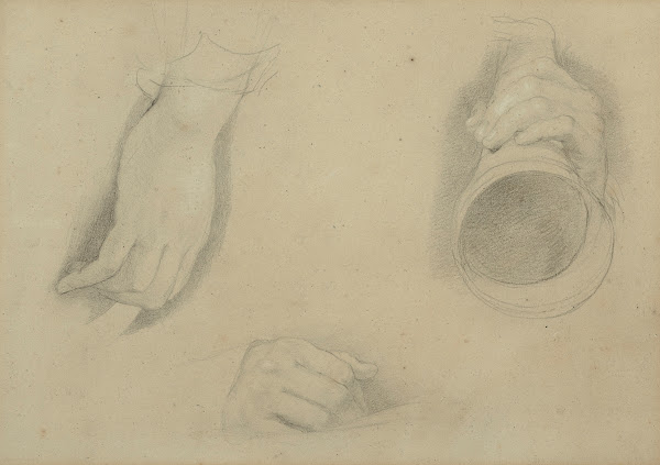 Three Studies of Hands for Reading the Will one holding an ear trumpet 1842