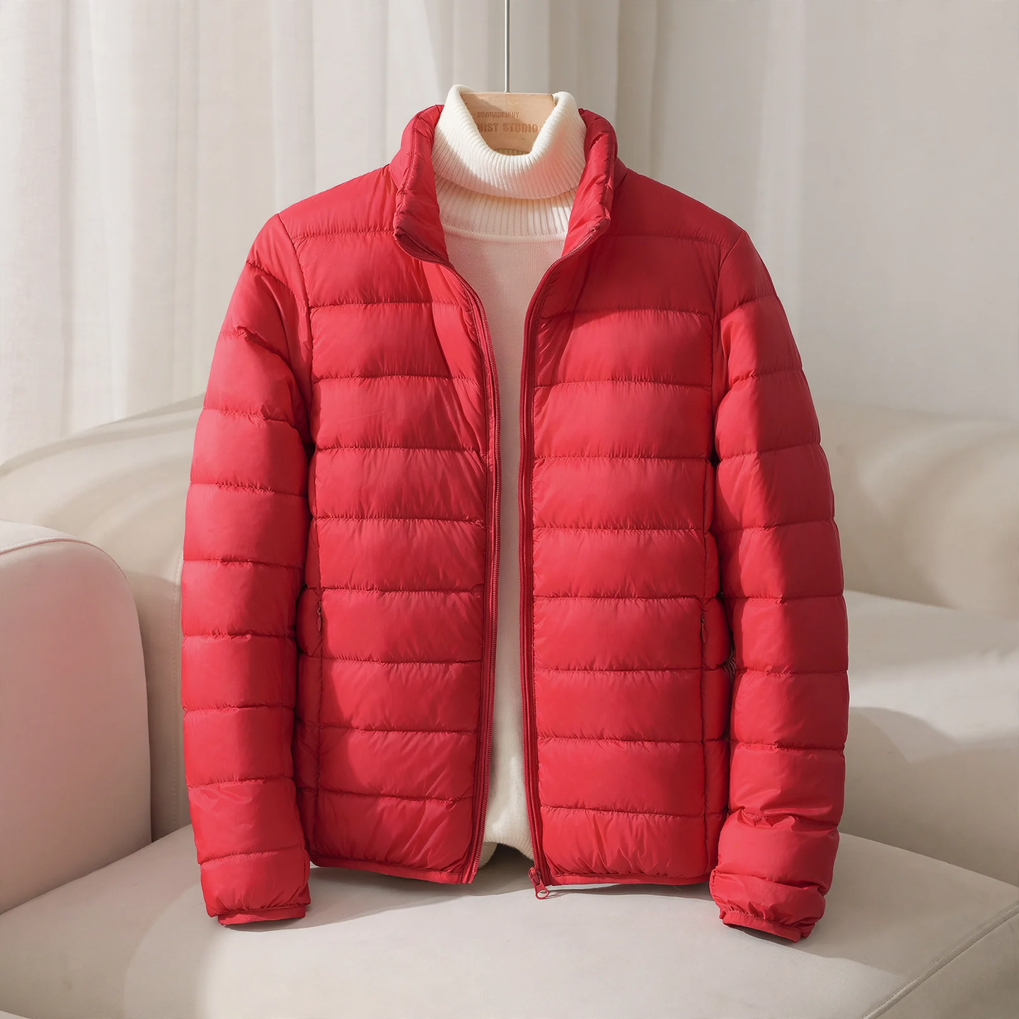 Short, lightweight women's down jacket, stand-up collar