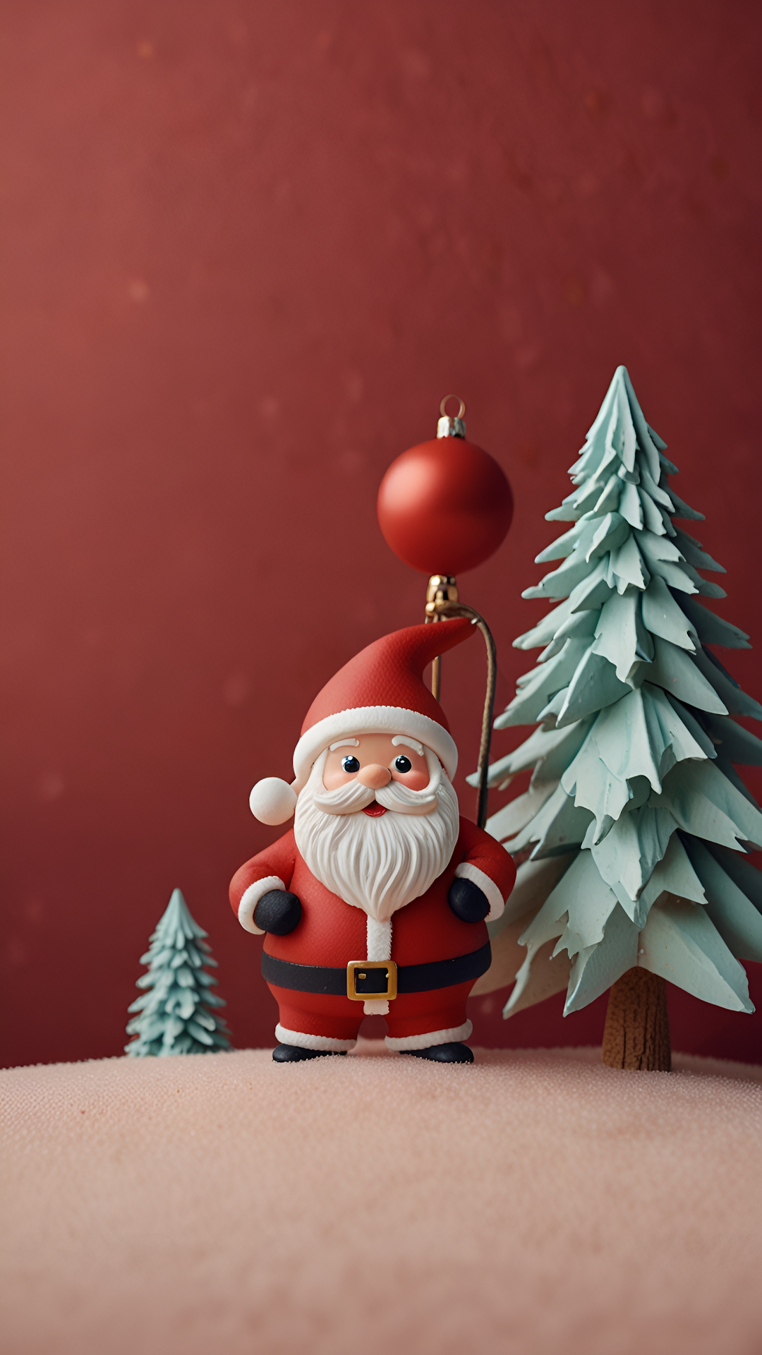 Clay Santa Figure with Mini Christmas Tree and Red Ornament - Free 4K mobile Wallpaper