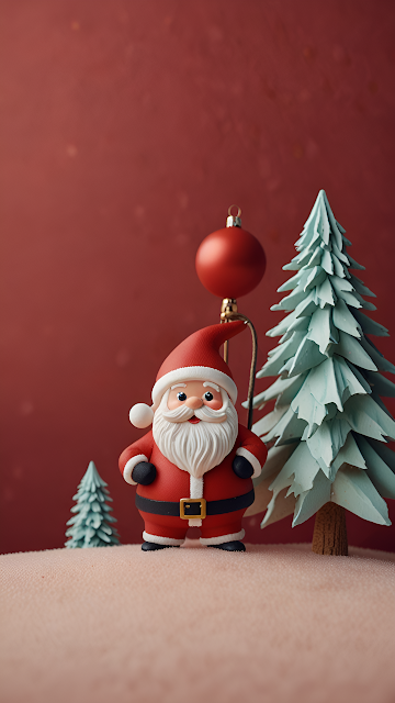 Clay Santa Figure with Mini Christmas Tree and Red Ornament - Free mobile Wallpaper