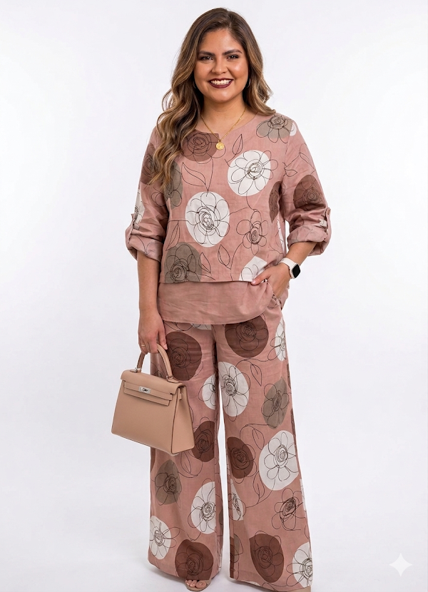 Set pantalón y blusa lino palo de rosa