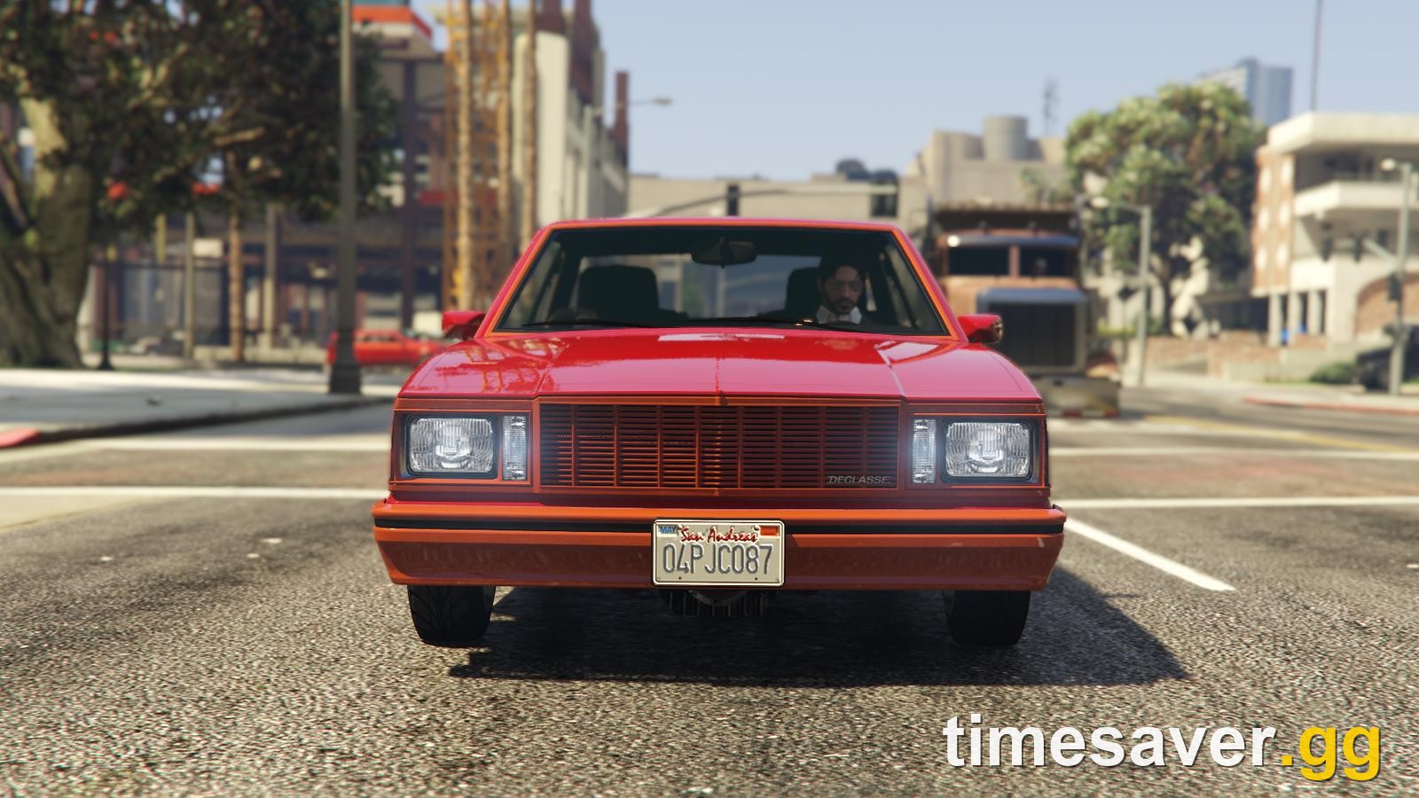 GTA 6 Declasse Tulip muscle car showing a visible dent on the rear door panel from Trailer 1