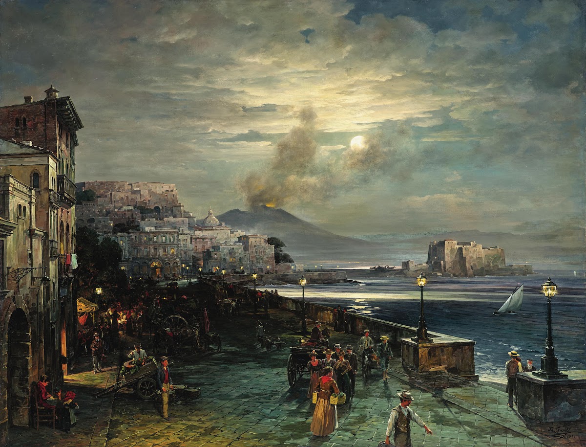 Naples a Pier at Night with a View of Vesuvius 1901